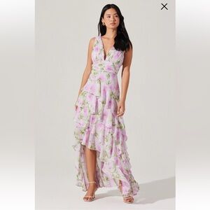 astr the label cytherea pink & green floral asymmetric ruffle maxi dress small